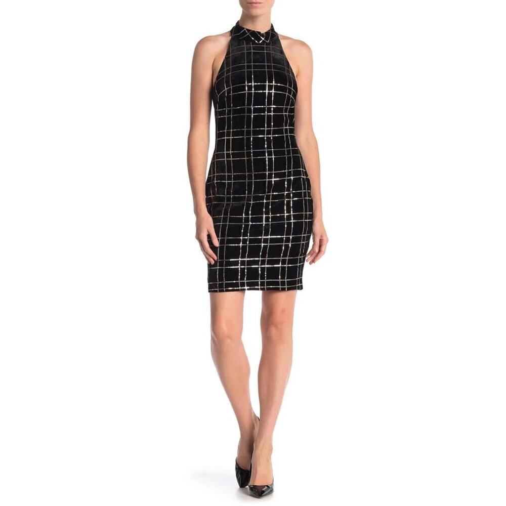 Alexia Admor Women’s Small Black Velvet Gold Silver Sequin Check Sheath Dress